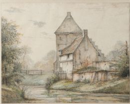 Dutch School, 19th century, A fortified house on a river, washed ink and watercolor on paper.