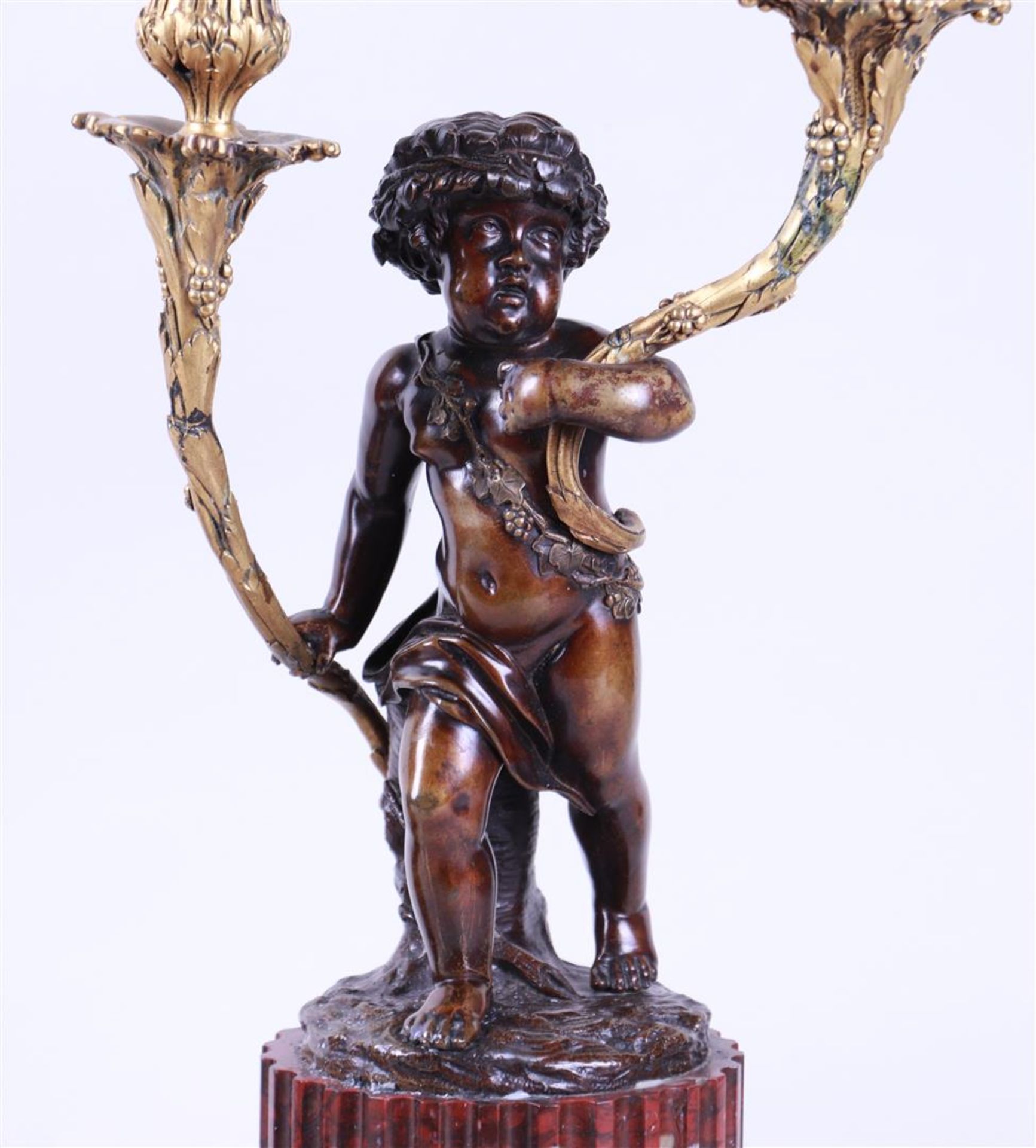 Pair of Bronze Two-Light Candlesticks on Red Marble Bases - Image 5 of 6
