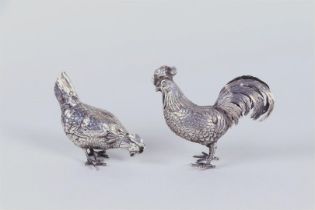 Tableware set of silver rooster and chicken, marked with climbing lion, 2nd grade silver