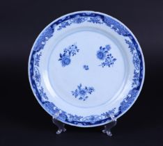 A porcelain dish with floral decor in the center and with four borders on the outer edge with floral
