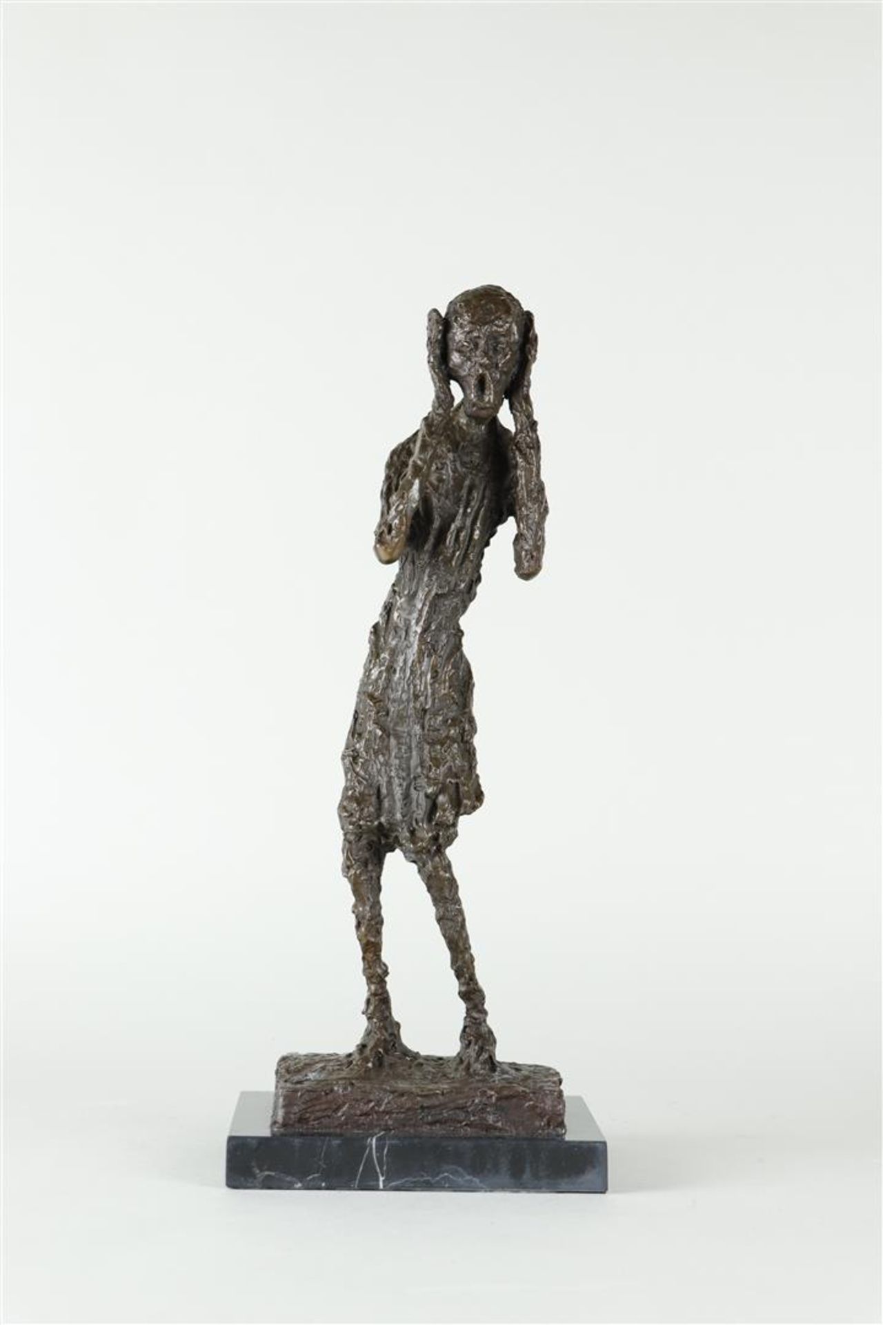 A dark patinated bronze sculpture 'The Scream' by Much annotated and numbered (in the base), 