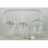 A cut crystal cream set with silver frames