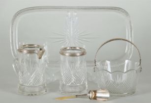 A cut crystal cream set with silver frames