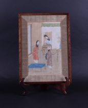 A 19th century painting on silk depicting a scene of two ladies-in-waiting and a gentleman