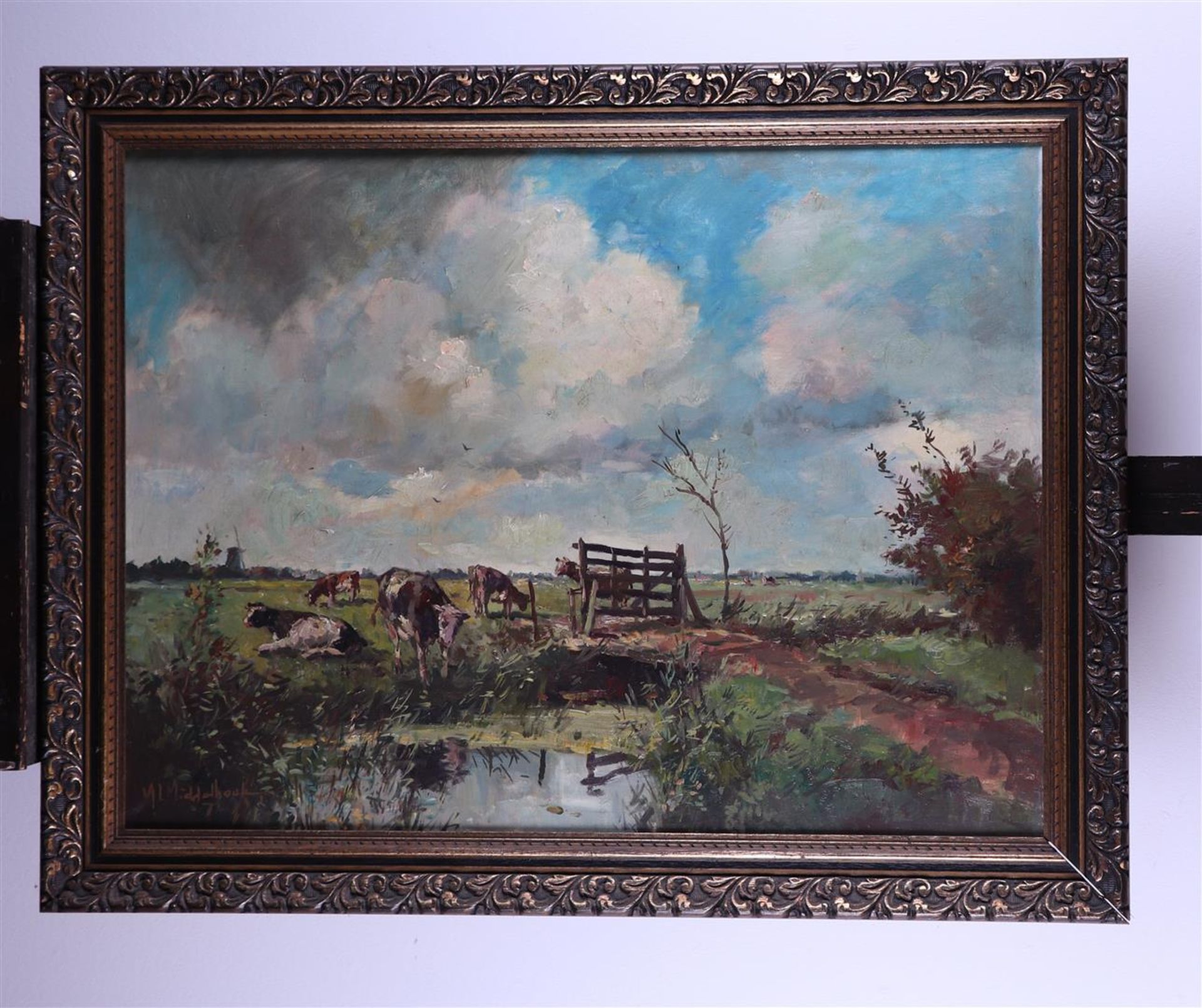 Martinus Leonardus Middelhoek (Zwijndrecht 1898 - 1986 Brielle), Grazing cattle near a fence, - Image 2 of 4