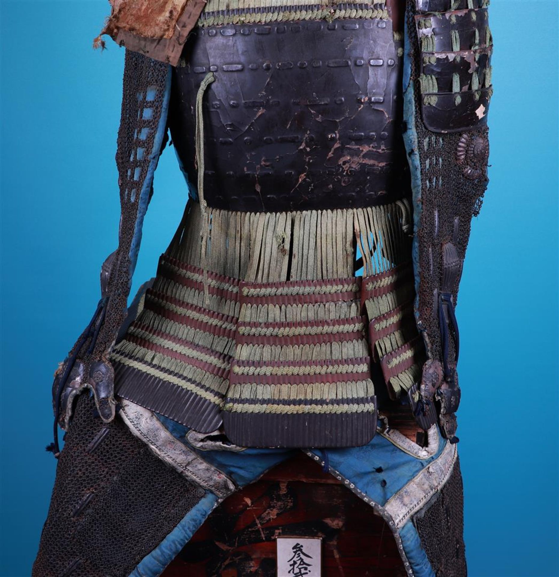 An antique Edo period, black lacquered Japanese armor (yoroi) laced with navy blue and green cords a - Image 5 of 8