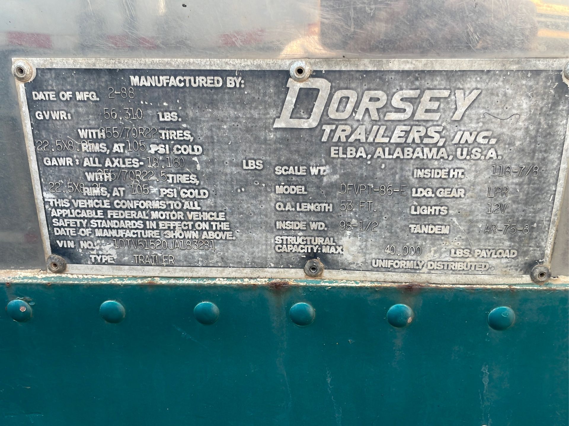 1988 Dorsey Low Boy Van Trailer 53’ Tandem Axel Has Title, VIN 1DTV51520JA183281 - A $25 TITLE FEE - Image 10 of 10