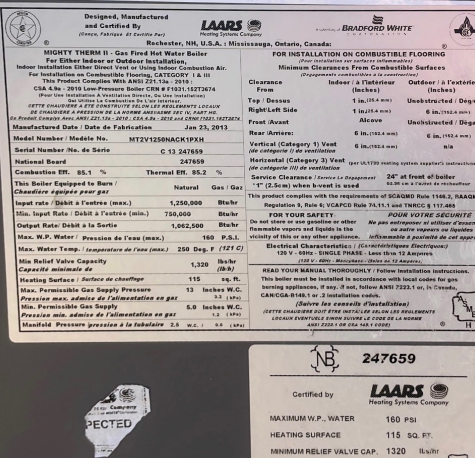 2013 Lars Boiler Model MT2V125ONACK1PXH with tank and 2 pumps, OPERATIONAL - Image 4 of 9