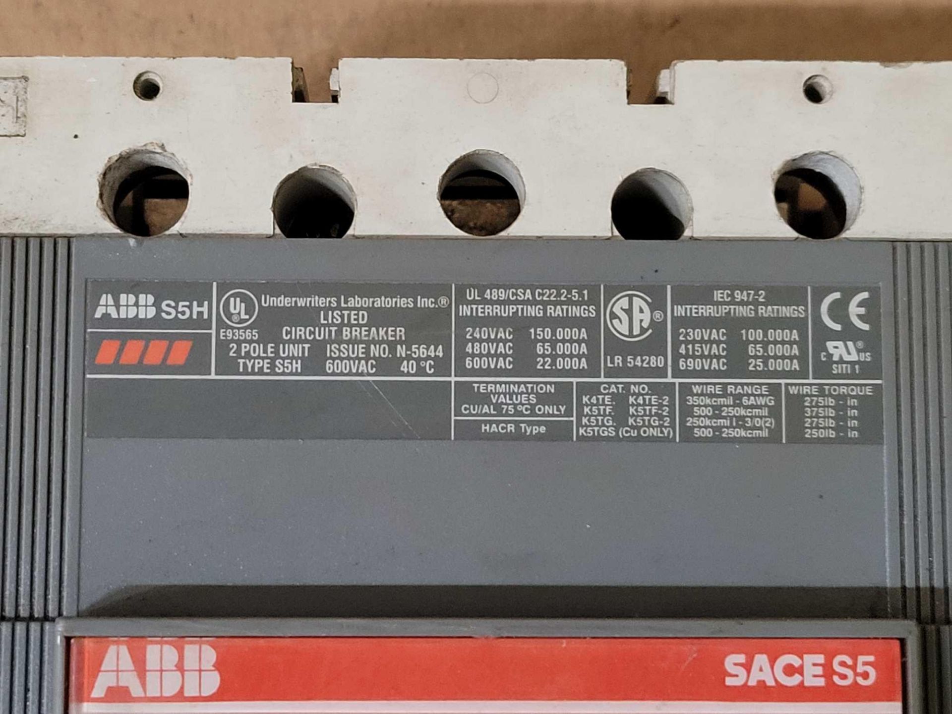 LOT OF 2 ABB SACE S5 S5H CIRCUIT BREAKER - Image 2 of 4