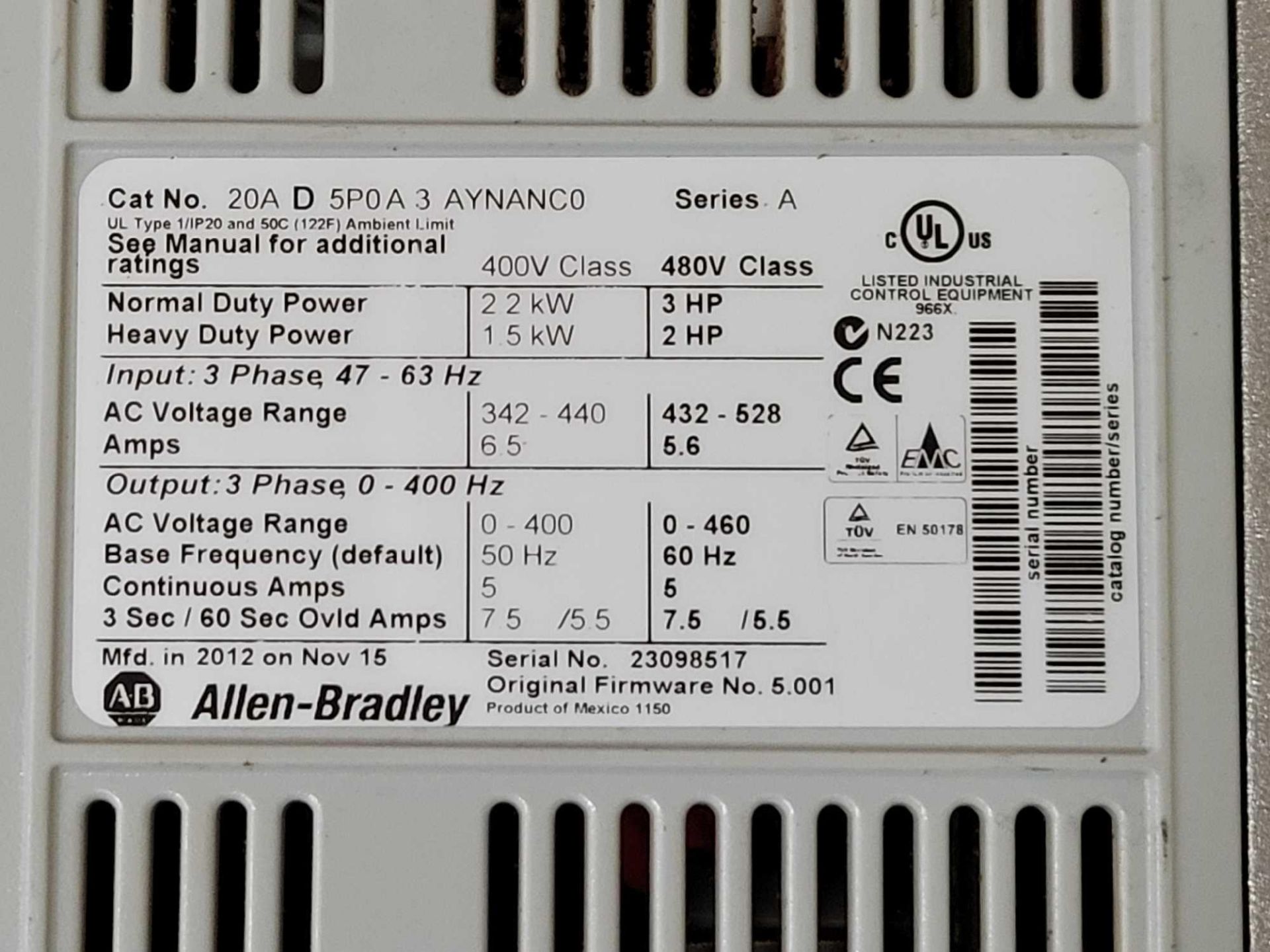 ALLEN BRADLEY 20AD5P0A3AYNANC0 /A PowerFlex 70 AC DRIVE - Image 3 of 4