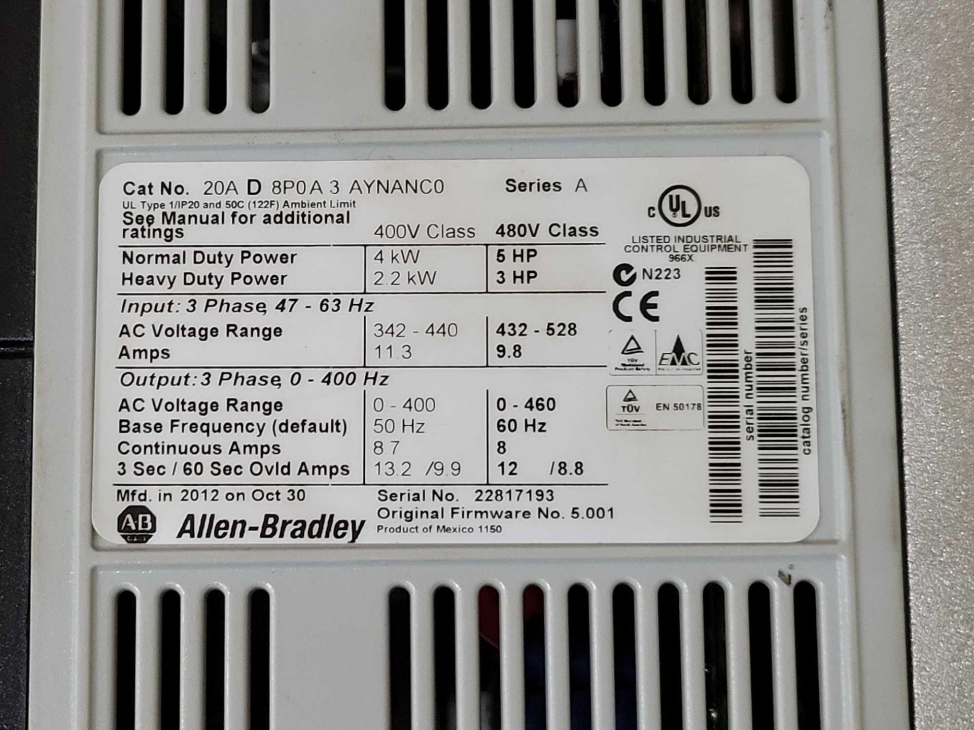 ALLEN BRADLEY 20AD8P0A3AYNANC0 /A PowerFlex 70 AC DRIVE - Image 3 of 4