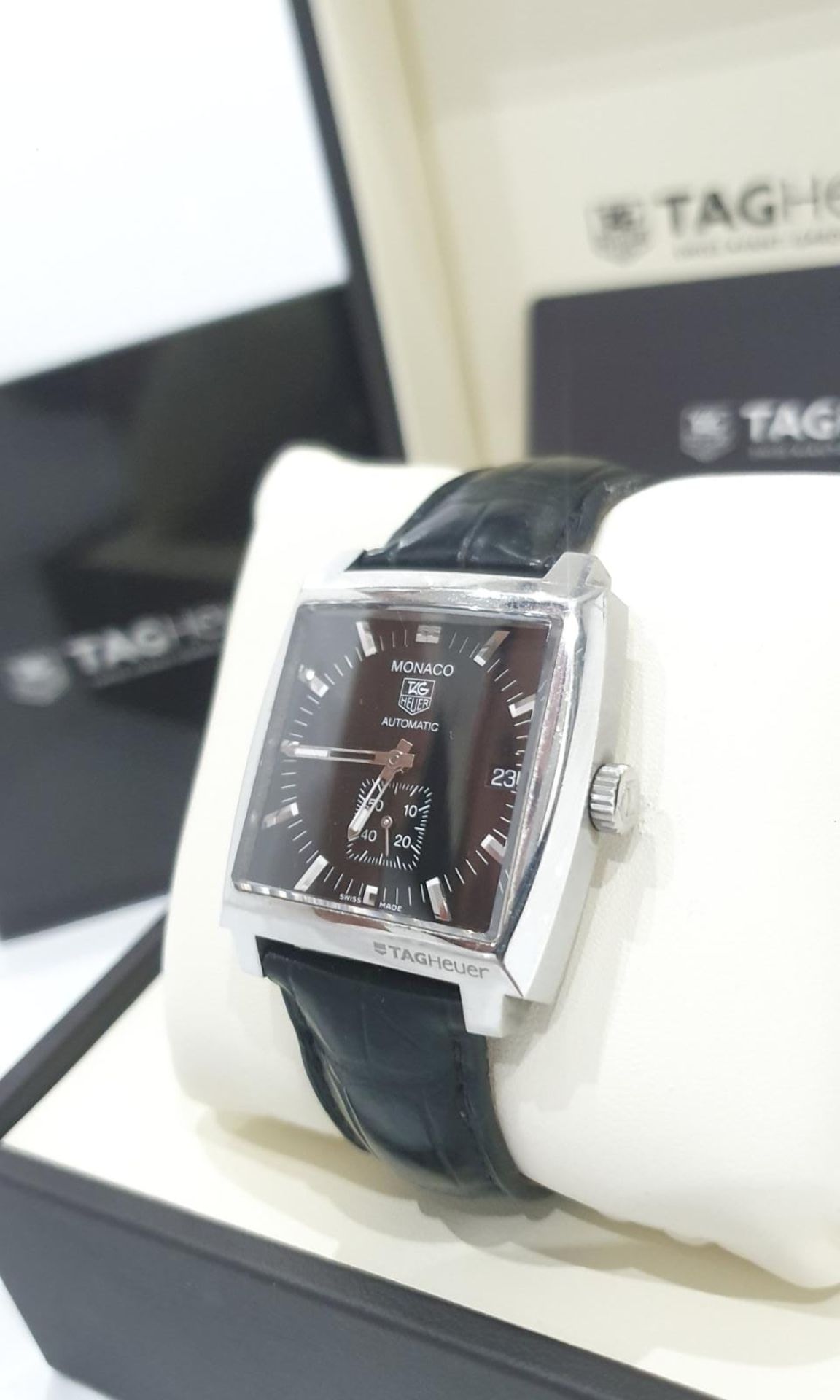 TAG HEUER MONACO CALIBRE 6 AUTOMATIC MENS BLACK WATCH WITH BOX & GUARANTEE CARD *NO VAT* - Image 2 of 14