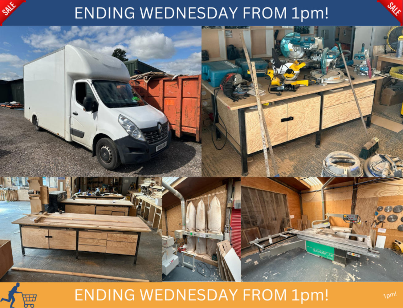 1PM! COMPLETE LIQUIDATION LARGE JOINERY SHOPFITTERS EVENTS WORKSHOP TOOLS VANS STOCKS OFFICES KITCHEN FESTOOL MAKITA JCB VEHICLES NO VAT ON LOTS