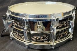 Engraved brass snare drum, beautiful finish. 14 x 5.5", die cast hoops. Beautiful drum
