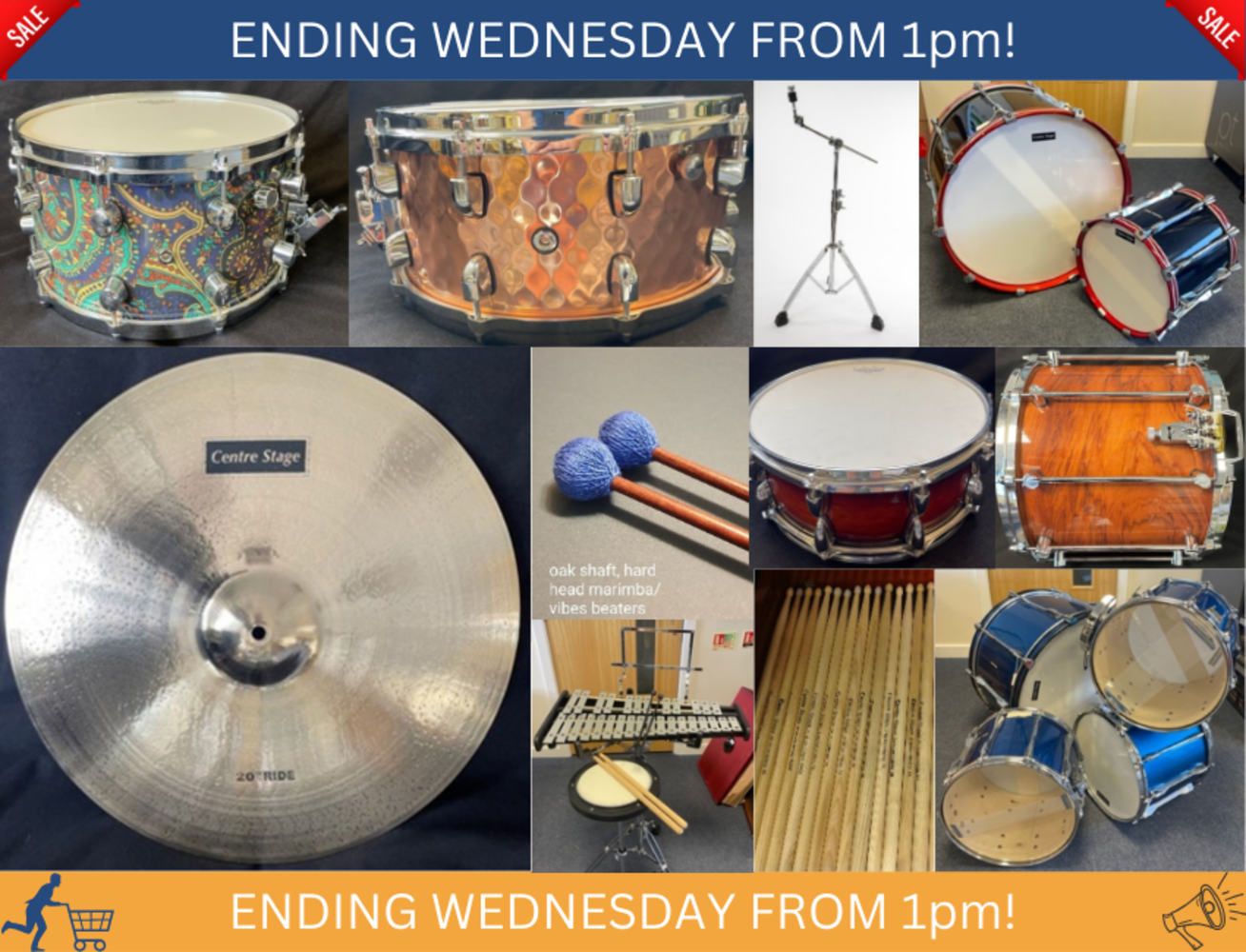 1PM! PERCUSSION AUCTION, ALL NO RESERVE! CYMBALS, ORCHESTRAL PERCUSSION, DRUMS, DRUM KITS, MALLETS AND HARDWARE ENDING WEDNESDAY 20TH SEPTEMBER