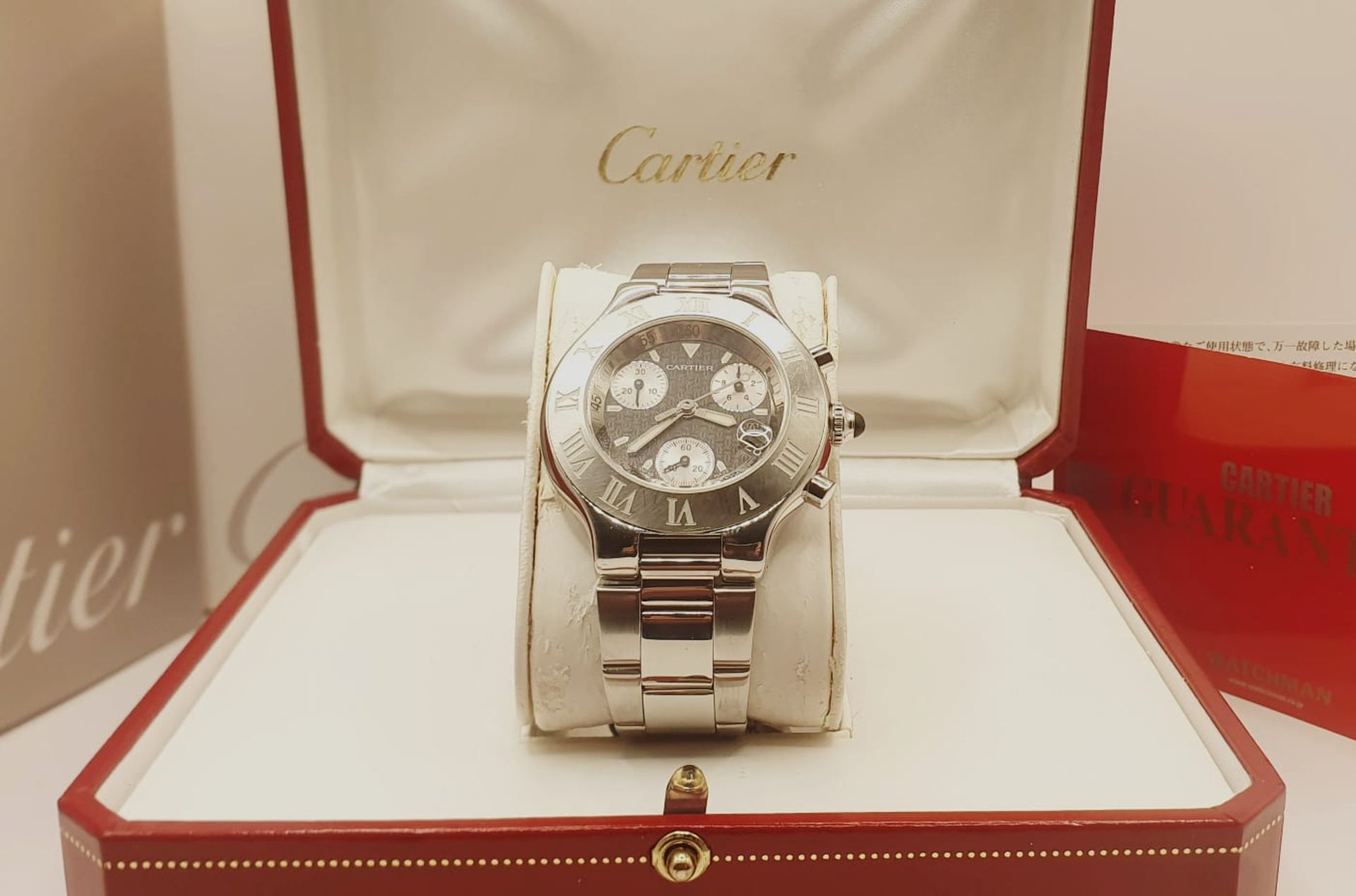 CARTIER CHRONOSCAPH MENS SWISS WATCH, STEEL & BLACK.