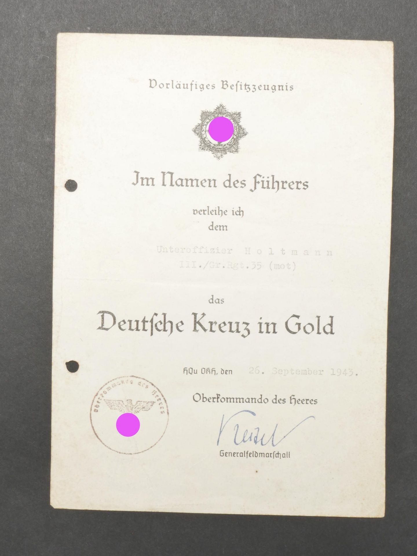 Diplome Deutsche Kreuz in Gold. Deutsche Kreuz in gold diploma.