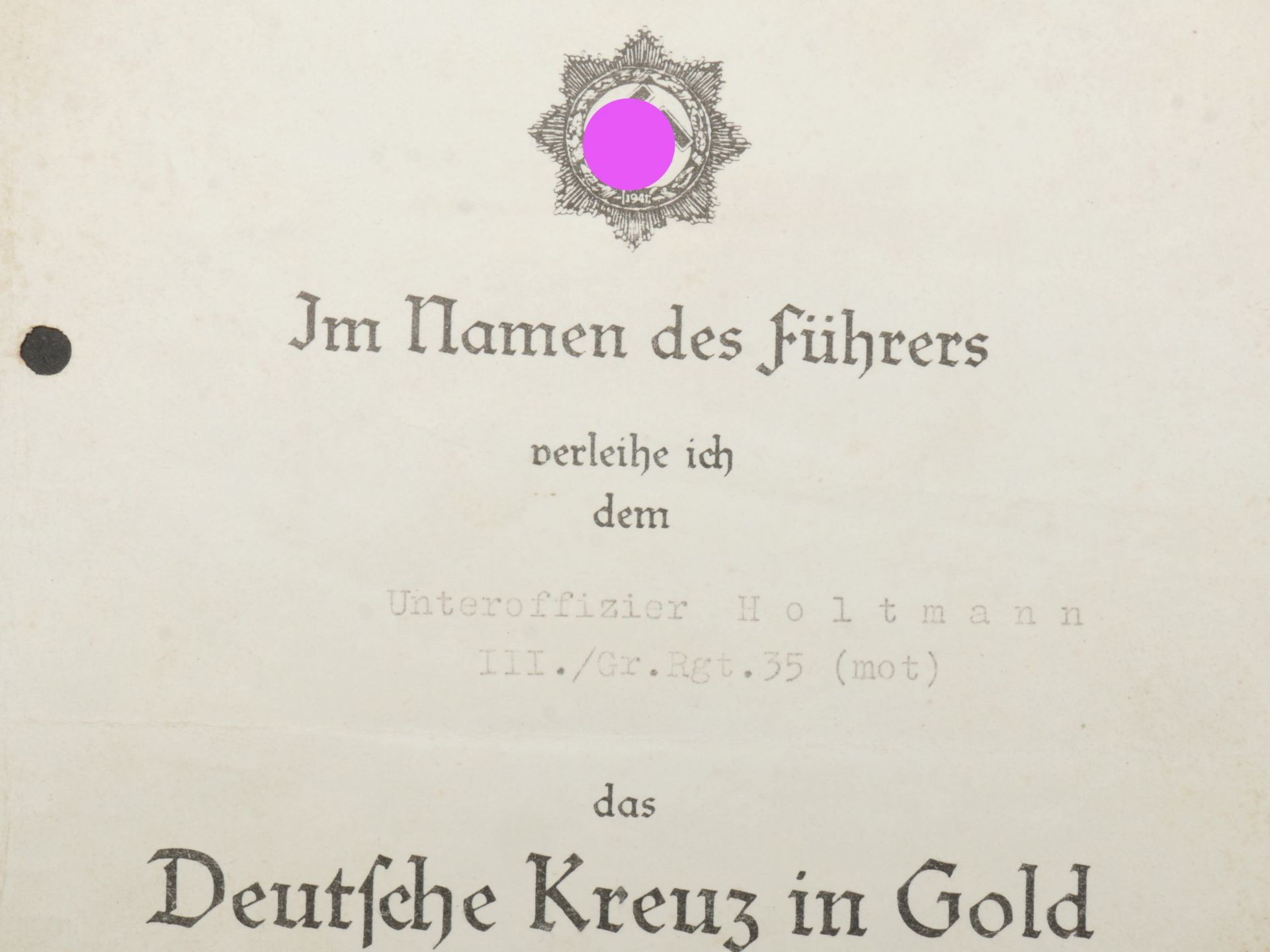 Diplome Deutsche Kreuz in Gold. Deutsche Kreuz in gold diploma. - Bild 3 aus 5