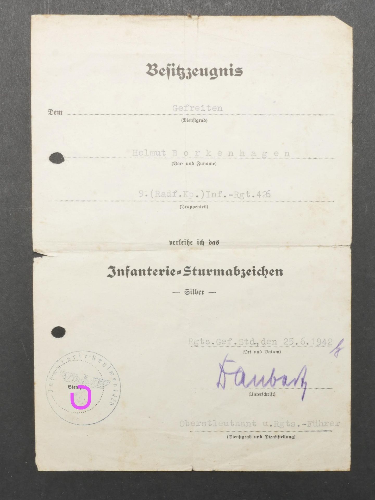 Diplome Infanterie Sturmabzeichen. Infanterie Sturmabzeichen diploma. - Image 2 of 5