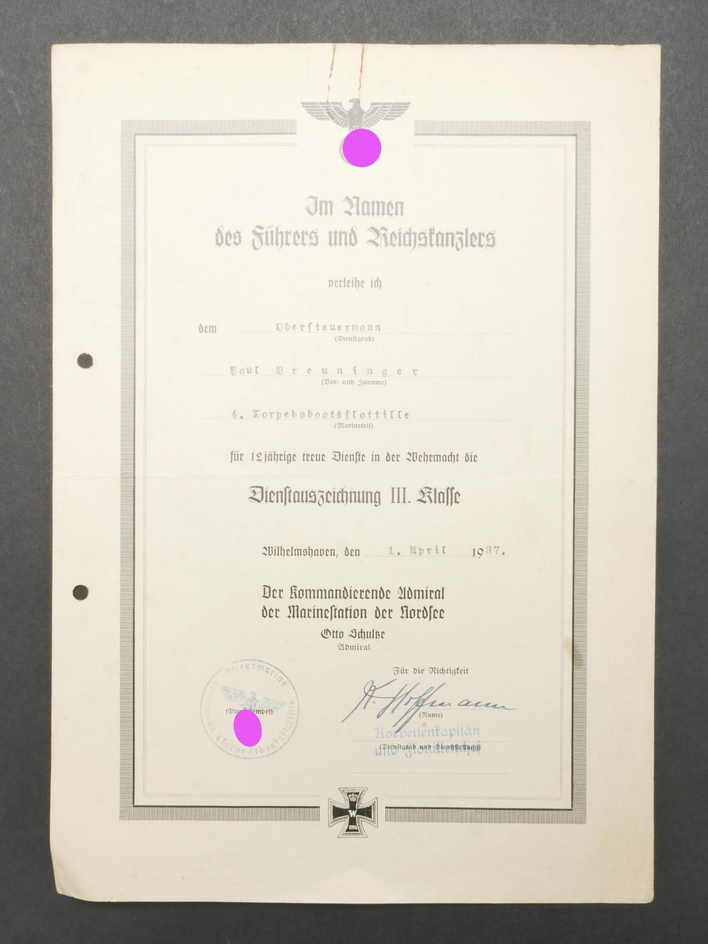 Diplome Kriegsmarine. Kriegsmarine diploma. - Bild 2 aus 5