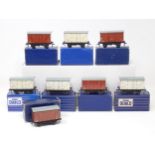 Eight Hornby Dublo D1 BR Wagons including 3x Goods Vans, 4x Meat Vans and a Fish Van, all mint or