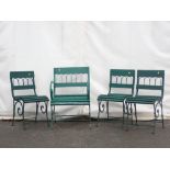 Four green painted Garden Chairs with wooden slats on scrolled metal bases, one Elbow Chair and
