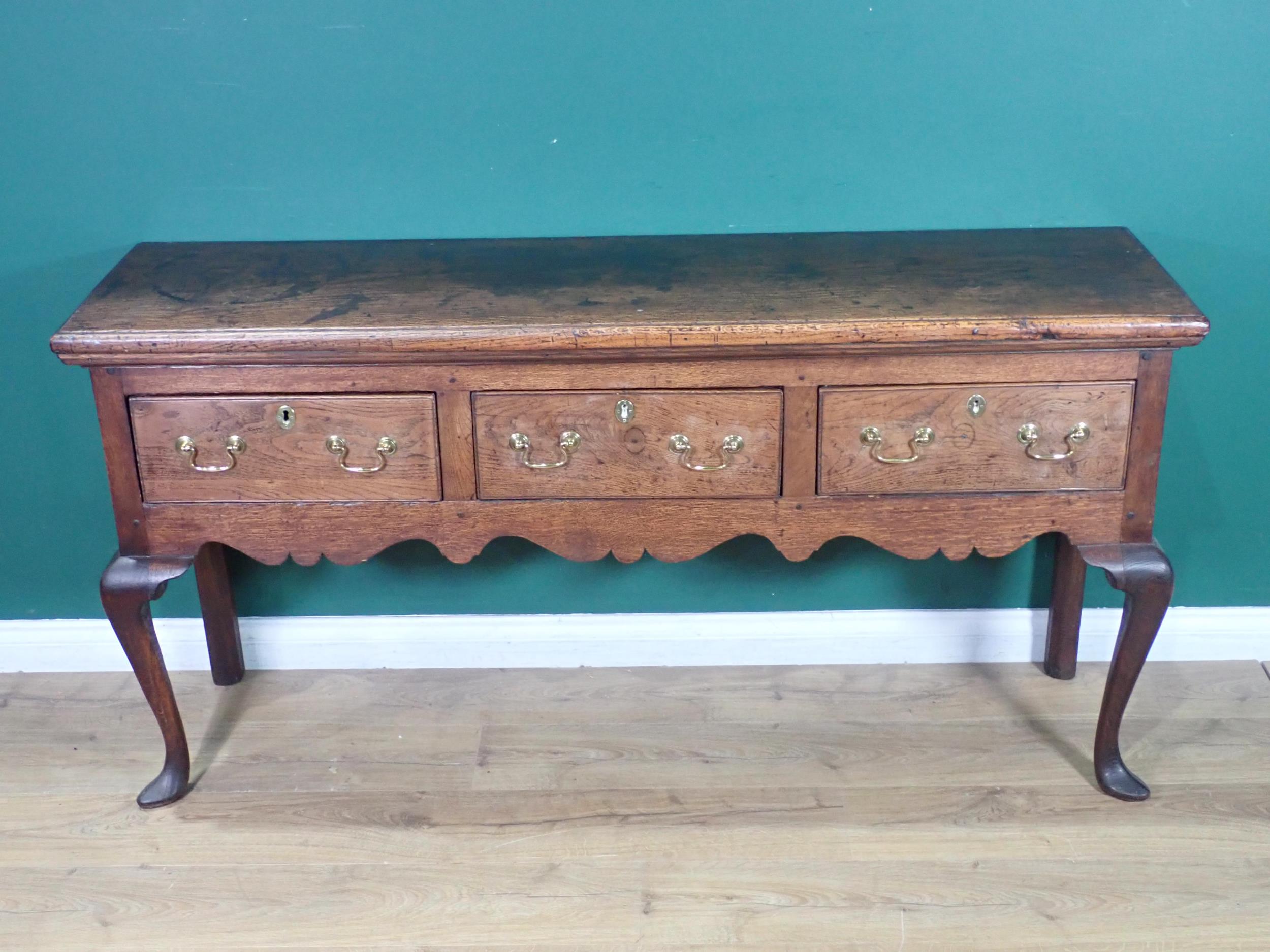 An 18th Century oak Dresser Base with thick moulded top fitted three frieze drawers above shaped - Image 2 of 12