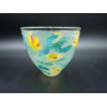 A Kosta Boda glass Bowl, painted yellow flowers, signed THV/E.H., etched underneath, 4 1/2in diam.
