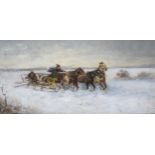 J. ORLOFF. Russian,( fl.19th Century) A Sledge and Horses in the Snow, signed, oil on panel, 6½ x