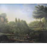 ENGLISH NAIVE SCHOOL c. 1800. A Wooded Landscape with figures at harvest-time, oil on panel, 18¼ x