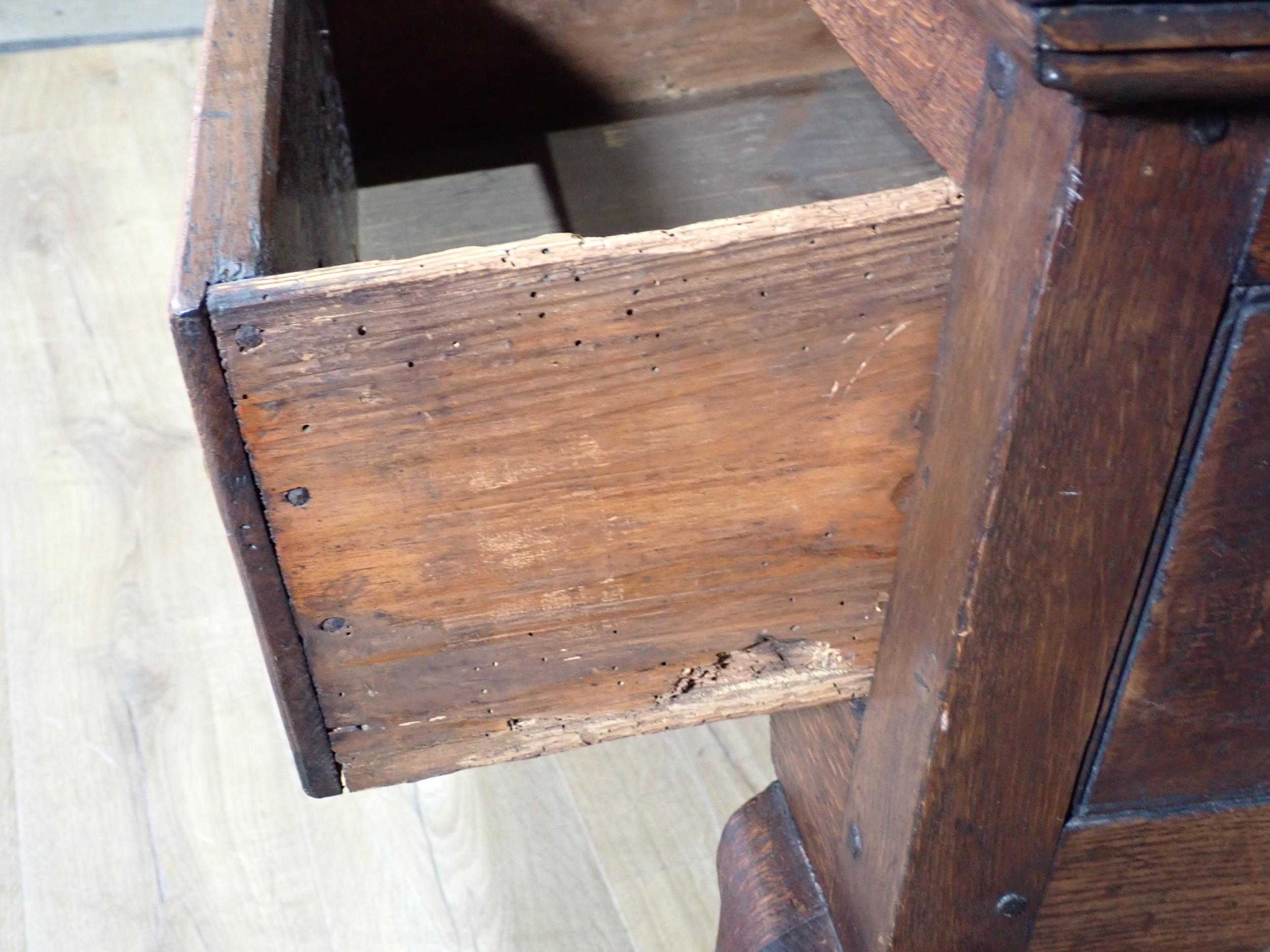An 18th Century oak Dresser Base with thick moulded top fitted three frieze drawers above shaped - Image 9 of 12