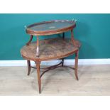 A Victorian rosewood and walnut oval Eterge with glass tray top decorated with fan and satinwood