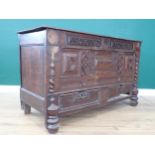 A Charles II oak Mule Chest with moulded hinged cover, candle box to the interior, the front with