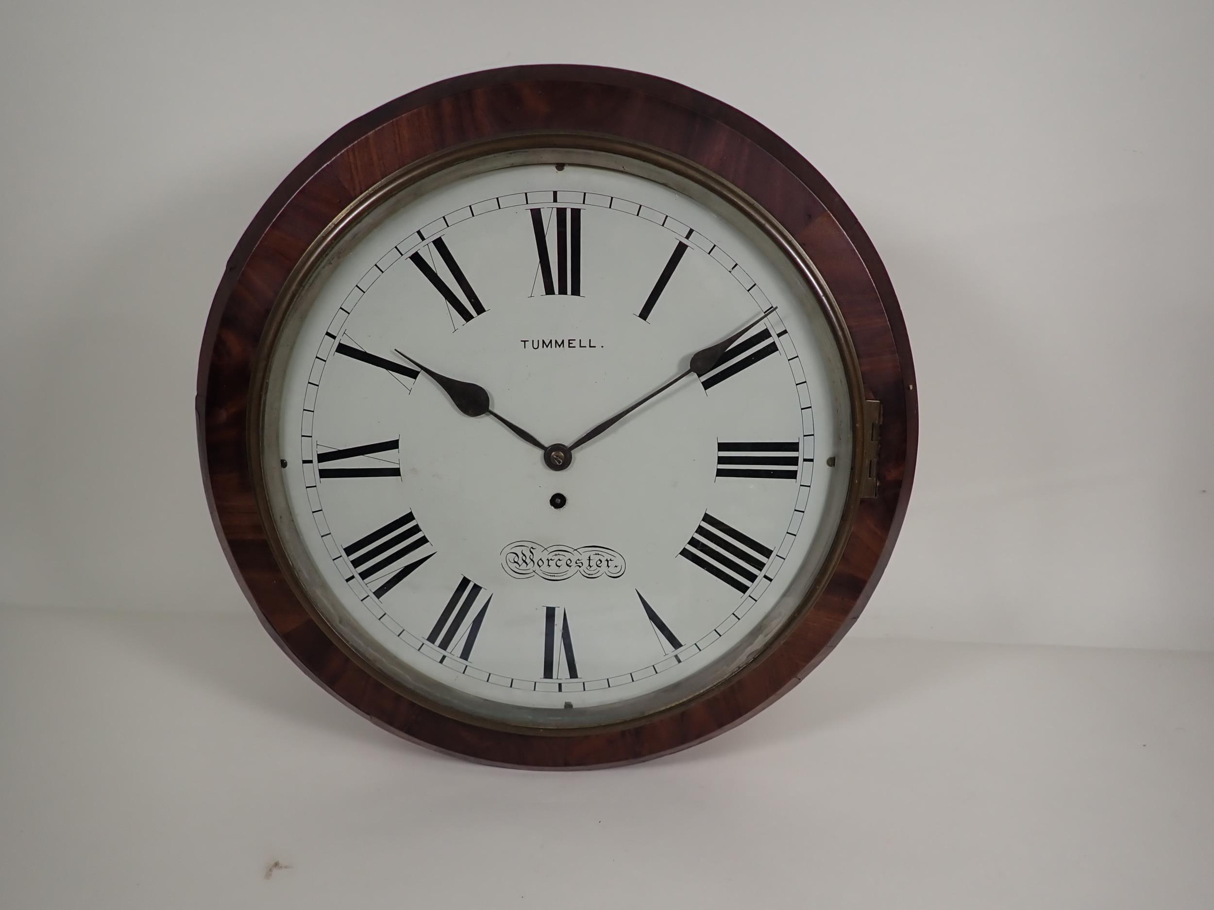 A 19th Century mahogany cased circular Wall Clock with white enamel circular dial inscribed Tummell,