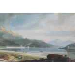 ENGLISH SCHOOL, early 19th Century. An extensive mountainous river landscape with two figures on a