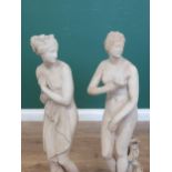 Two alabaster Figures of maidens, one nude with winged cherubs at her feet, 2ft 4in, and the other
