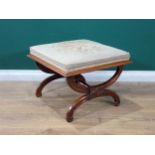 A 19th Century mahogany and upholstered Stool with cross frame and turned stretcher