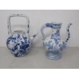 An Oriental blue and white Ewer, floral painted, 6in, and a blue and white Teapot painted figures