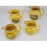 Four 19th Century canary yellow English and lustre Jugs, two with scenes of pastoral scenes with