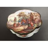 A large Bilston enamel Box of lobed form, hinged lid depicting dancing figures in a landscape,