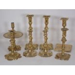 Three pairs of brass Candlesticks in the 18th Century style, another 18th Century Candlestick with