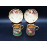 Two Royal Worcester Cups and Saucers painted apples, peaches and grapes, signed