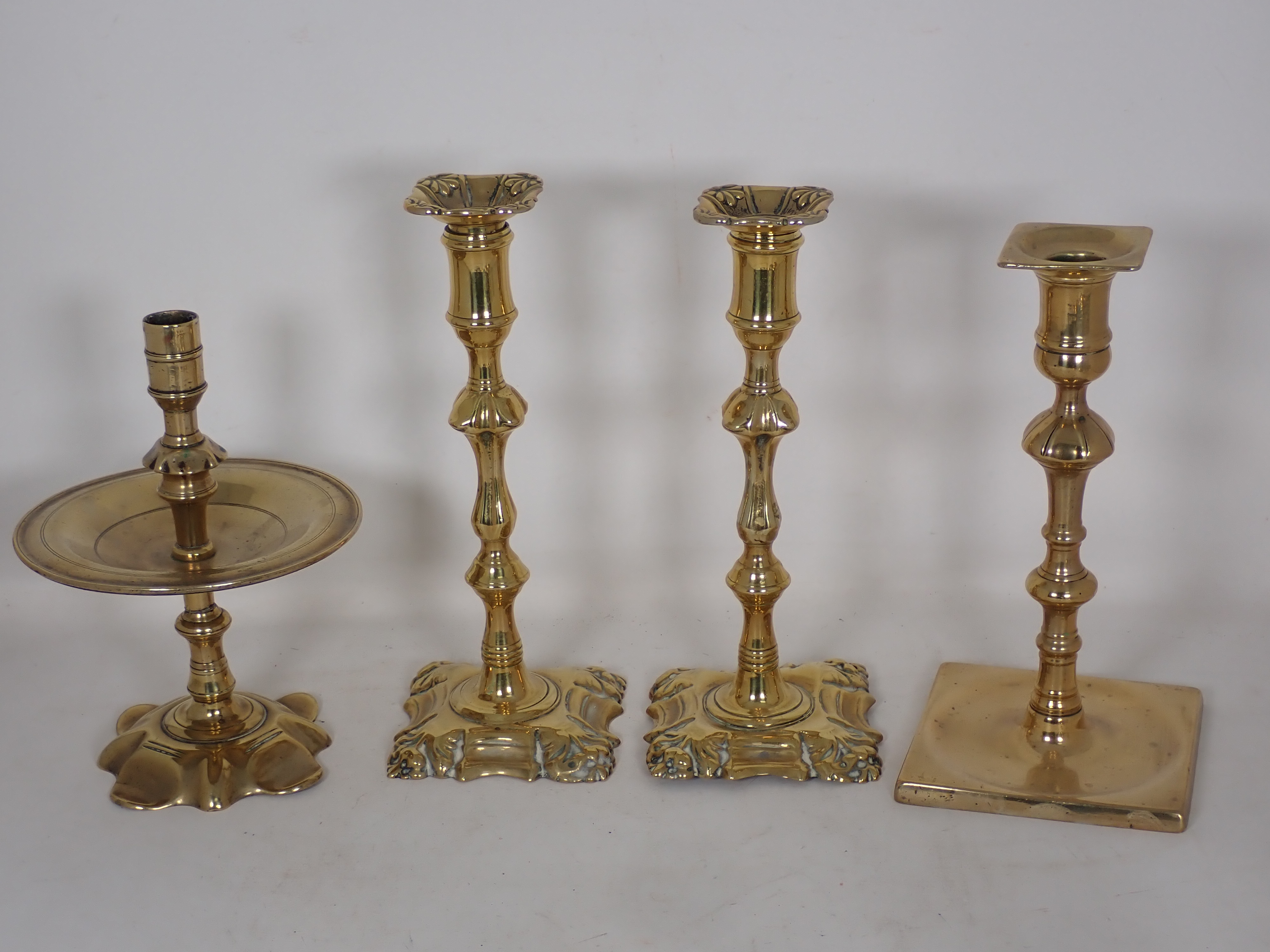 Three pairs of brass Candlesticks in the 18th Century style, another 18th Century Candlestick with - Image 2 of 3