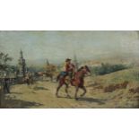 ATTRIBUTED TO CESAR ALVAREZ DUMONT (1886-1945). Figures and horses on a track, a view to a town