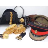 A Royal Navy Bicorn Hat, a pair of Officer's Epaulettes, Sword Harness and two Royal Horse Artillery