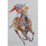 JACQUIE JONES (b.1961). Racehorse and Jockey - 'All Out', pencil and watercolour, signed, 14 x 9¾in