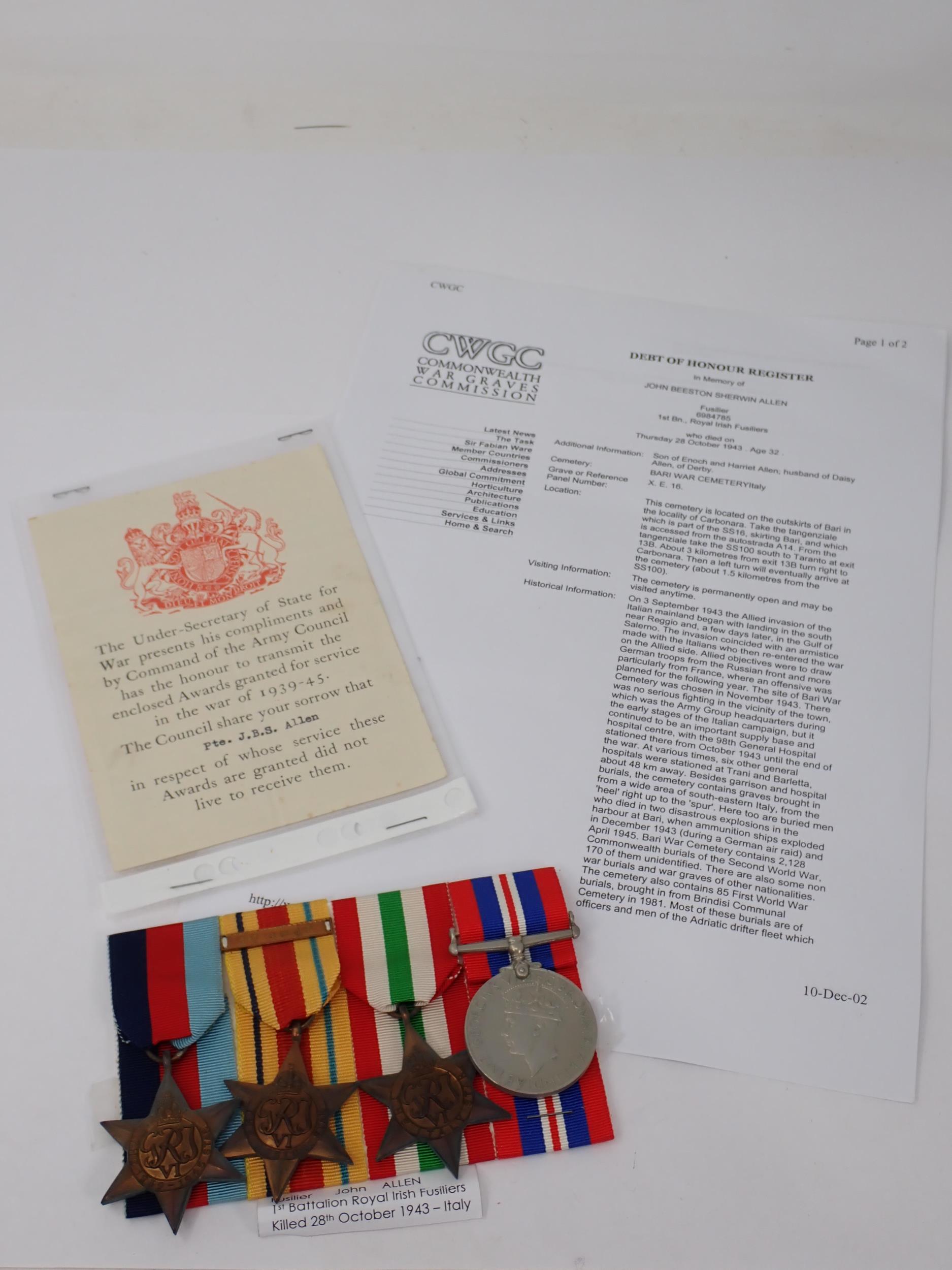 Four: 1939-45 Star; Africa Star; Italy Star and War Medal to 6984785 Fusilier John Beeston S. Allen, - Image 3 of 6
