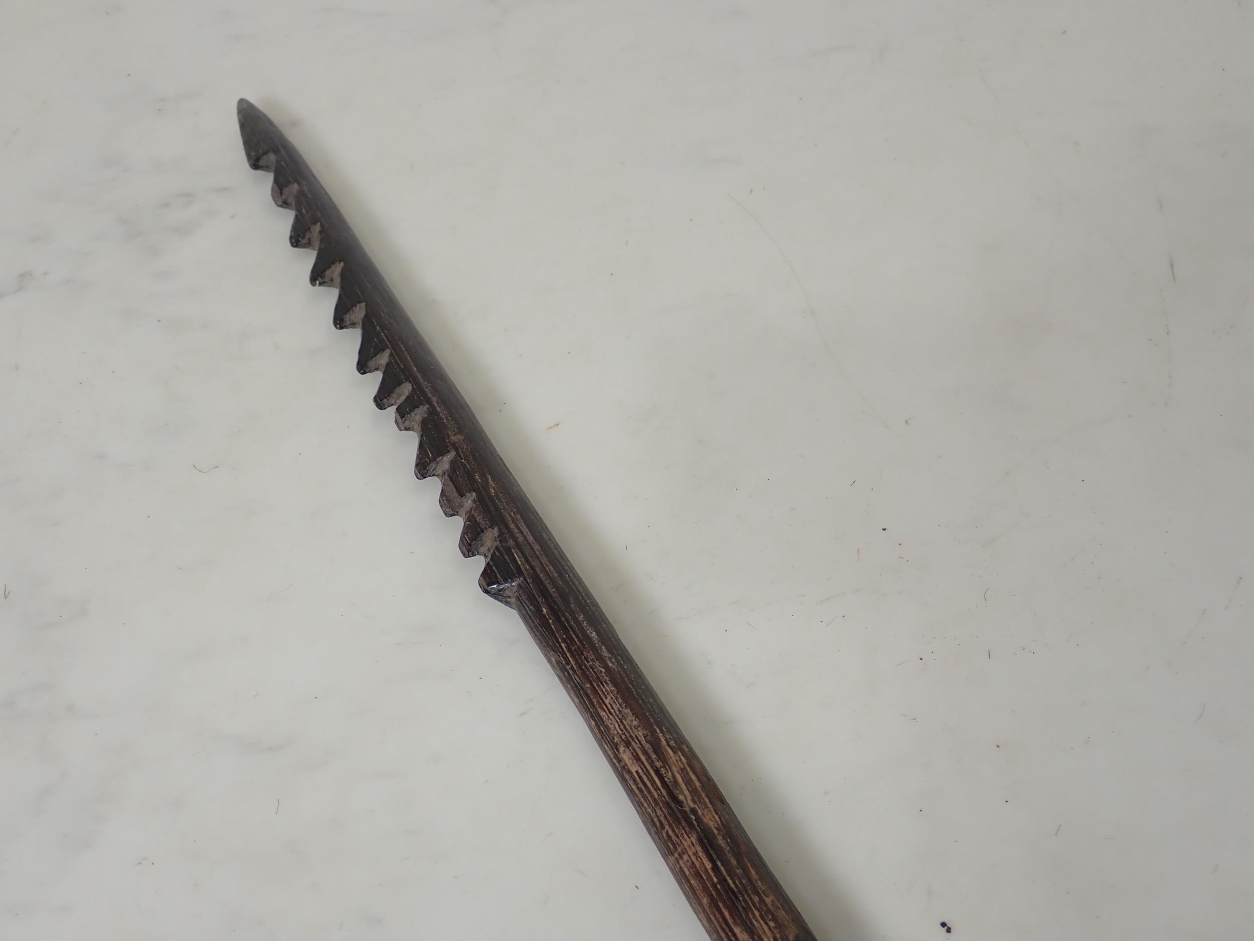 A 19th Century Pacific Island Spear, probably Fijian or Tongan with 9in single barbed head, dark age - Image 2 of 3