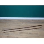 An antique bamboo Otter Hunting Staff 5ft L and a hazel Otter Hunting Staff 5ft 7in L, both with