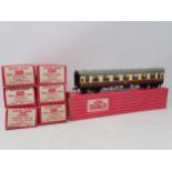Seven boxed Hornby Dublo 2-rail Coaches. 4050, 4053, 4054, 4060, 4075 and 2x 4078. All Ex plus to